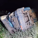 Motorista perde controle e caminhão com eucalipto capota na BR-158