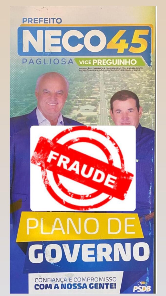 Justiça Eleitoral determina retirada de circulação de plano de governo de Neco Pagliosa por Fraude