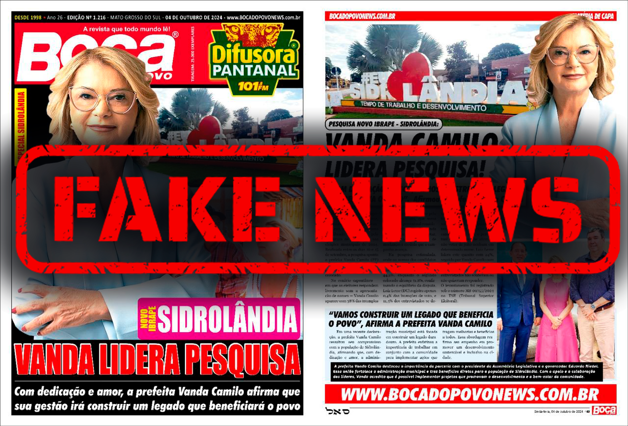 Jornal divulga pesquisa falsa em Sidrolândia que coloca Vanda Camilo na frente