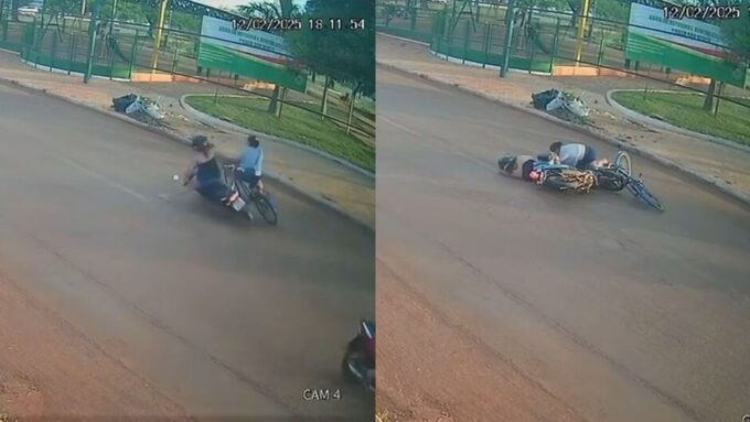 Ciclista tenta atravessar a rua e é atingida por motocicleta em Sidrolândia (vídeo)