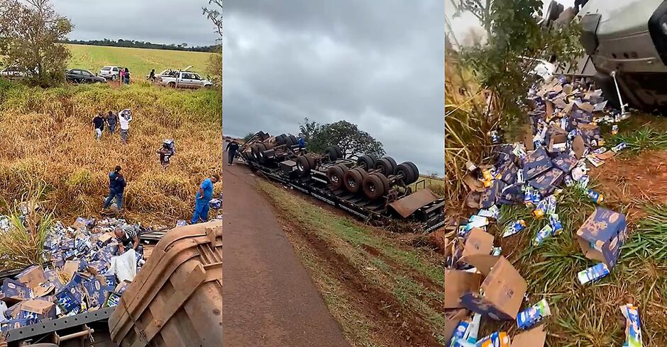 Carreta tomba na BR-163 e carga de leite é saqueada por população (vídeo)