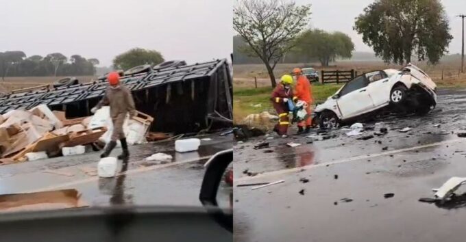 Carro parte ao meio e motorista morre em acidente com carreta na BR-163, em Douradina