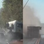 Motorista embriagado tomba carreta e quase causa acidente grave na BR-262, em Aquidauana (vídeo)