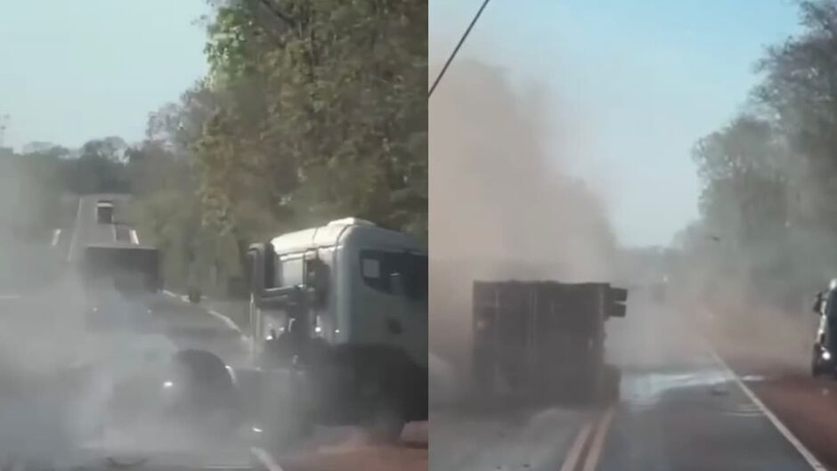Motorista embriagado tomba carreta e quase causa acidente grave na BR-262, em Aquidauana (vídeo)