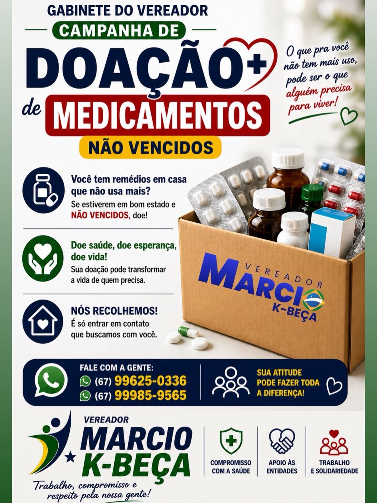 Vereador Márcio Kbeça lança campanha de doação de medicamentos em Sidrolândia