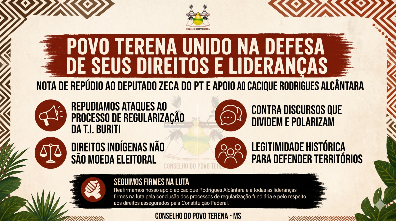 Conselho do Povo Terena emite nota de repúdio contra deputado Zeca do PT e reforça apoio a cacique