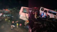 Ônibus com trabalhadores gira na pista após batida com caminhão na BR-163