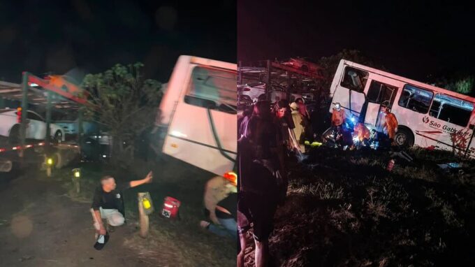 Ônibus com trabalhadores gira na pista após batida com caminhão na BR-163